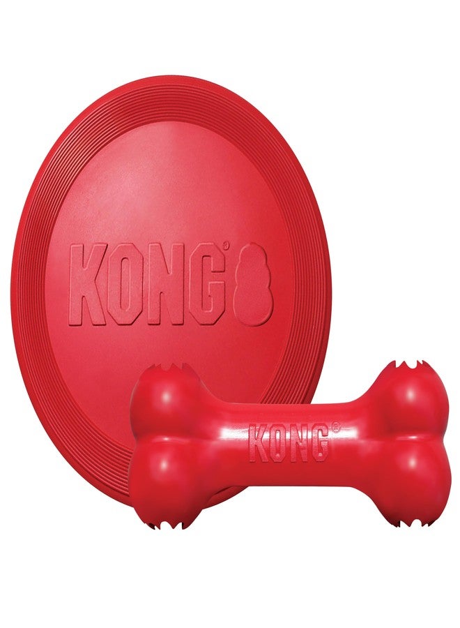 KONG Goodie Bone & Flyer - Dog Toys to Enrich Playtime - Dog Bone & Soft Throwing Disc Support Mental Engagement - Rubber Bone for Treats - Rubber Flying Disc with Dynamic Rebound - for Large Dogs - Image 1